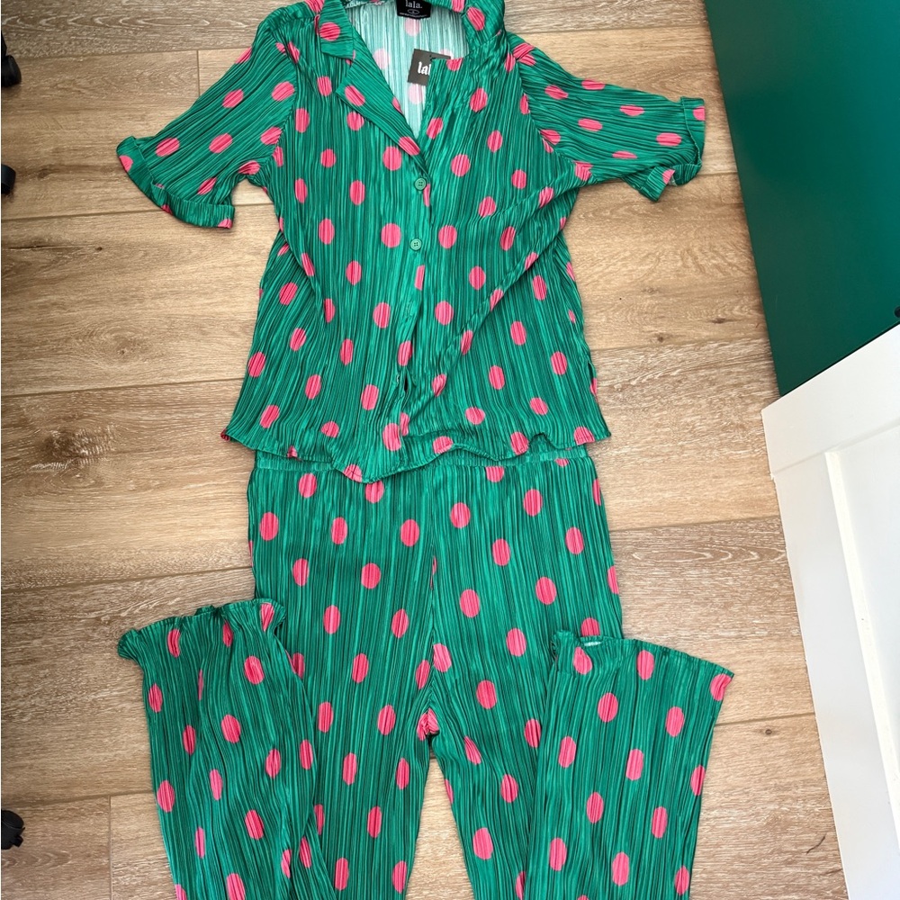 Dressed in LALA Green and Pink Polka Dot Set